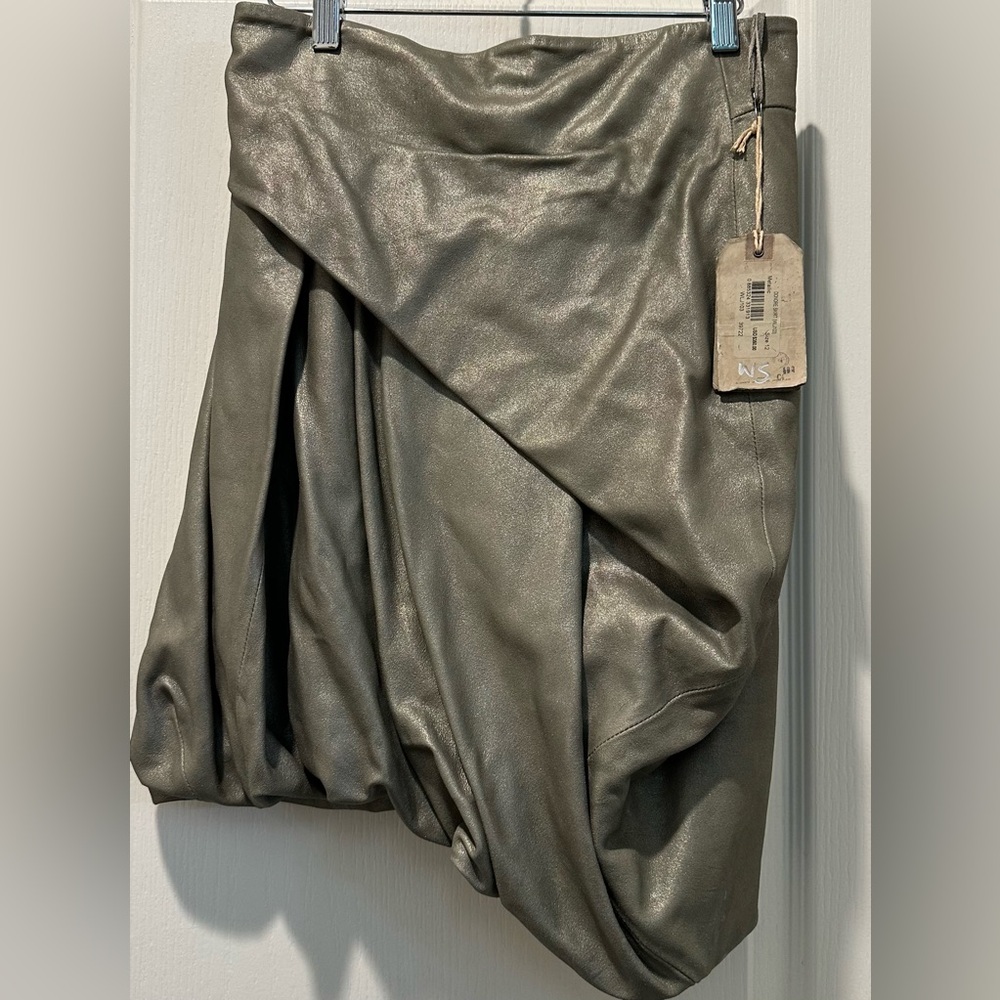 NWT AllSaints Spitalfields Domore Leather Bubble Skirt Metallic Bronze Gray 12/8